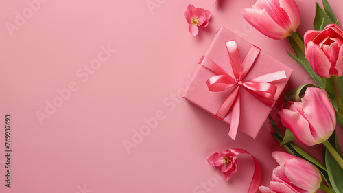 Mother's Day concept image. Pink tulips and gift box with copy space