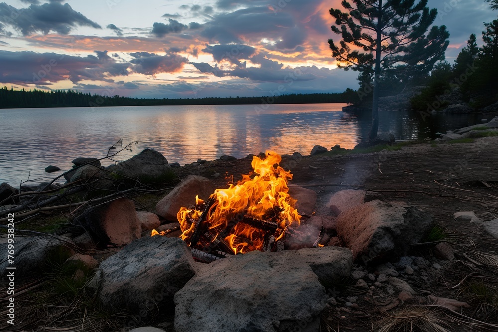 Summer campfire, cozy outdoors campfire at evening.