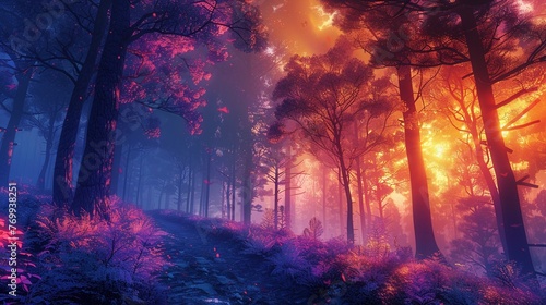 Neon forest, multicolored energy as foliage, twilight, enchanted, dreamy look