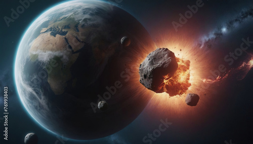 meteorite fly to the planet, asteroid crashes into the earth, destruction of planet earth, planet earth from outer space, earth in space photo