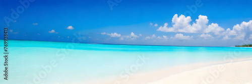 3:1 banner. Tranquil Beach Paradise: Perfect for Summer Escapes. Space for text.