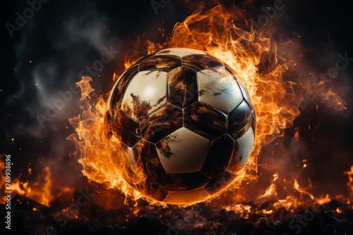 A soccer ball engulfed in flames and lightning streaking through the night sky against a backdrop of blue and orange photo