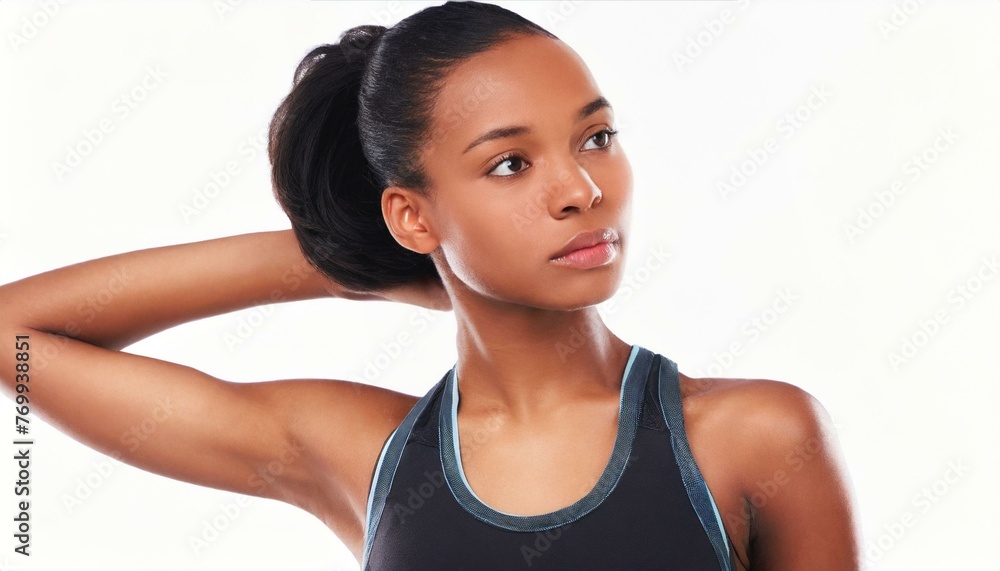 fitness and stretching with confident black woman in studio isolated on white background for workout
