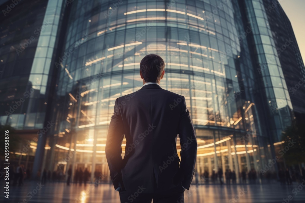Fototapeta premium Businessman standing in front of a large, modern building.