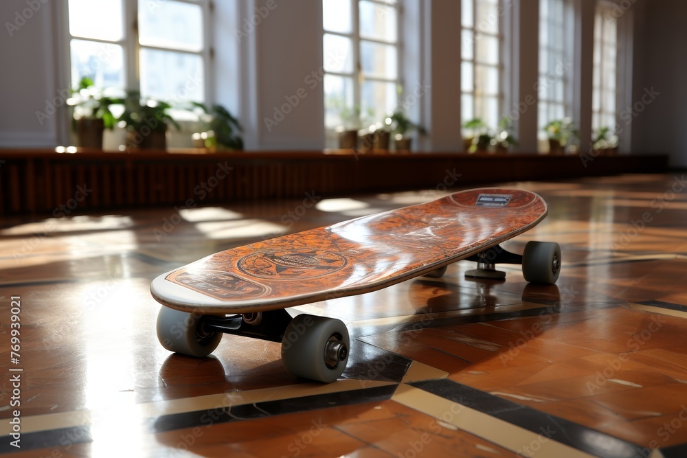 Obraz premium A high quality image featuring a skateboard concept with a background that has selective focus and ample copy space
