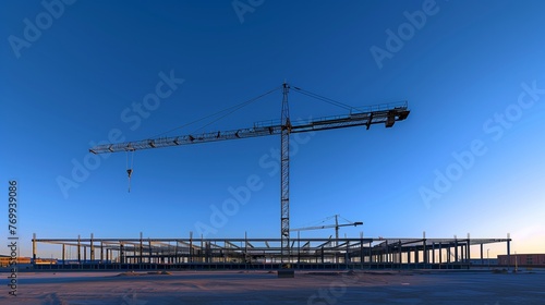 Under the vast expanse of a cloudless blue sky, a towering crane and the skeleton of a new building capture the essence of construction and development.