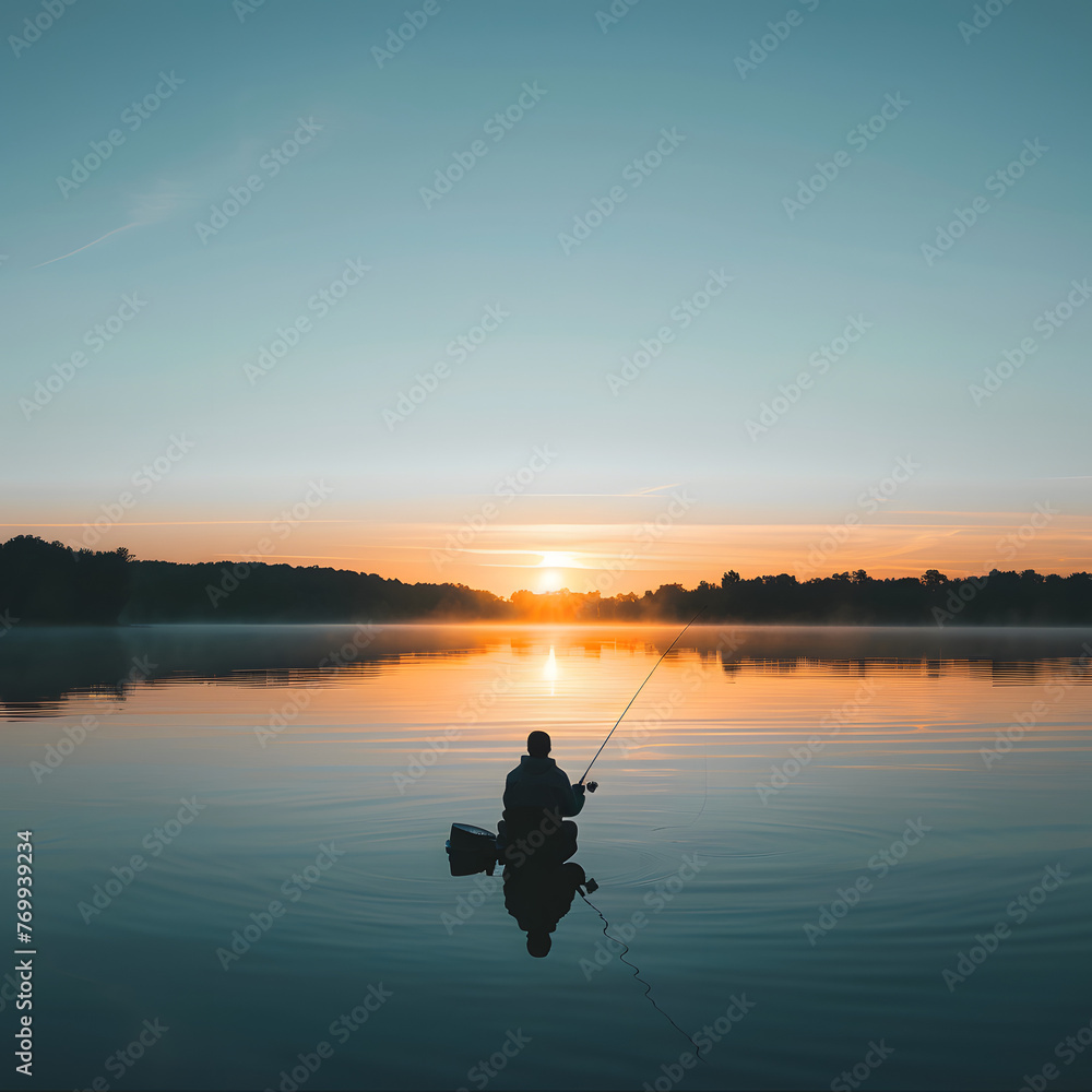 A person fishing on a tranquil lake at sunrise isolated on white background, photo, png
