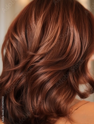 Extreme close-up shot of hair texture, with slight curves brunette with auburn highlights 