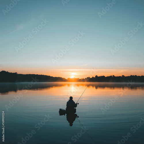 A person fishing on a tranquil lake at sunrise isolated on white background, photo, png  © Pixel Prophet