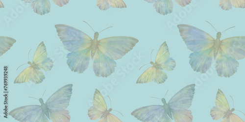 Abstract watercolor pattern, butterflies endless ornament, background for design, seamless pattern of bright flying butterflies, colorful hand drawn illustration for wallpaper, packaging and print © Sergei