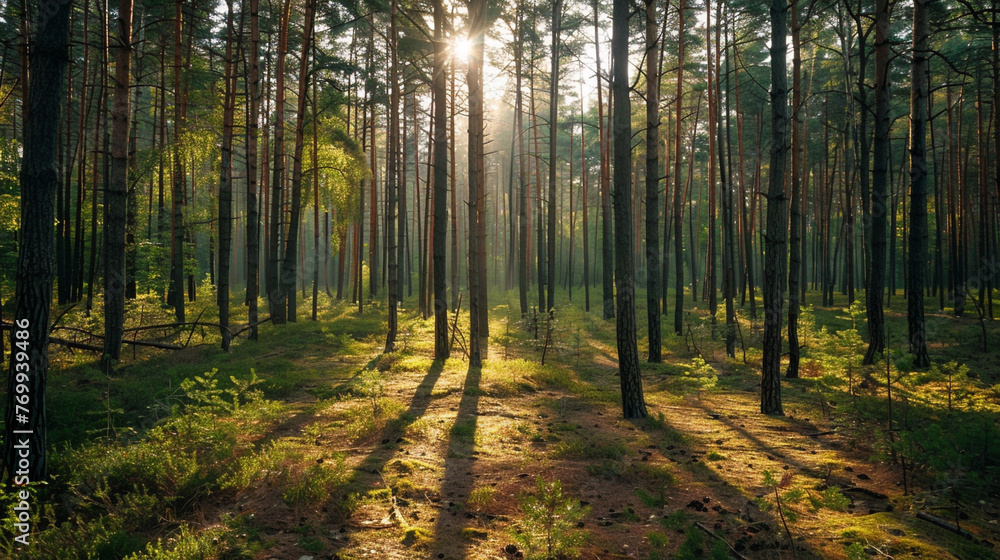 Obraz premium A dense pine forest with sunlight filtering through the tall trees, casting a warm glow on the pine needles covering the forest floor.