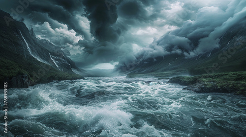 A dramatic scene of a turbulent river cascading down a mountainous terrain, merging into a vast, stormy ocean under a dramatic, cloudy sky.