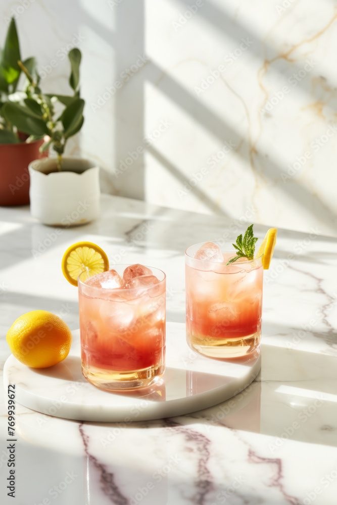 Brunch cocktails with berries and fruits on a marble countertop in a modern white kitchen Brunch cocktails with berries and fruits on a marble countertop in a modern white kitchen
