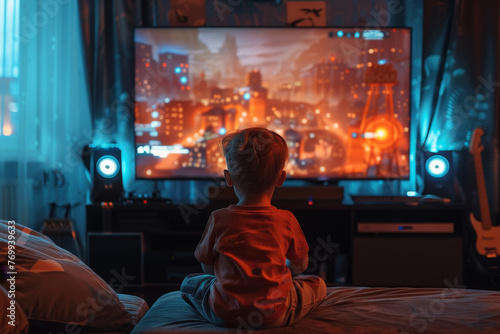 A young boy is sitting on a bed in front of a television