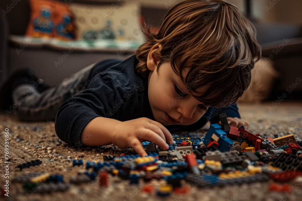 A young boy is laying on the floor playing with a pile of legos