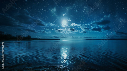 A moonlit night on the shores of a calm river, with the gentle lapping of water and a vast, reflective ocean under a star-studded sky.