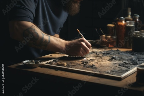 Artist painting a canvas with a brush.