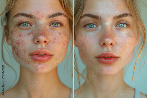 Before and after acne treatment collage portrait of the face of young beautiful woman. Problem skin rejuvenate and beauty skin care concept. photo