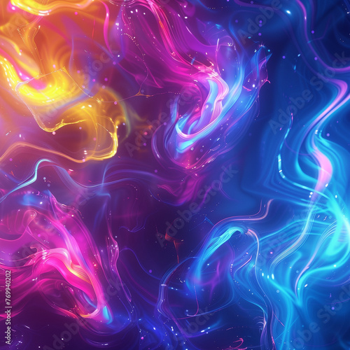 This image captures swirls of neon lights in radiant colors resembling a cosmic atmosphere with abstract shapes and gleaming hues