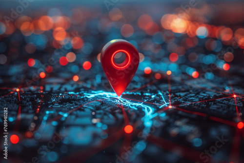 Red map pin in cityscape and network connection, indicating the city destination on the map and connection concept photo