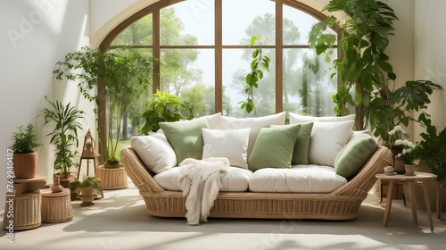 An airy living room filled with natural light, adorned with vibrant green houseplants and a stylish white sofa.