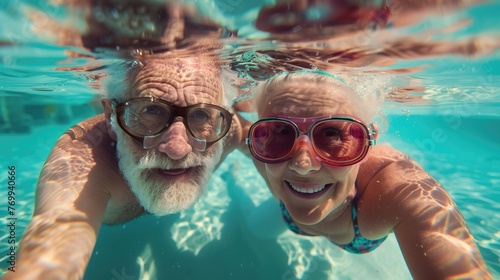 Happy senior couple having fun in the swimming pool. Retirement lifestyle and people concept. © Katsiaryna