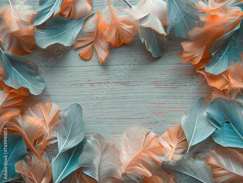 Beautiful feathers are arrayed in a harmonious fashion on a teal wooden surface, evoking a feeling of calm and elegance photo