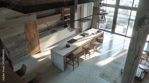 a modern kitchen where the focal point is the industrial-style island, contrasting with the contemporary design of the surrounding space.