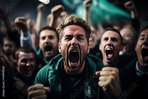 A lively scene of soccer fans gathered on a couch, cheering and celebrating as they watch a thrilling match on tv, fully immersed in the excitement of the world s favorite sport photo