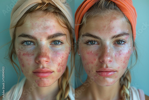 Before and after acne treatment collage portrait of the face of young beautiful woman. Problem skin rejuvenate and beauty skin care concept.