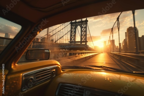 Taxi on bridge at sunset