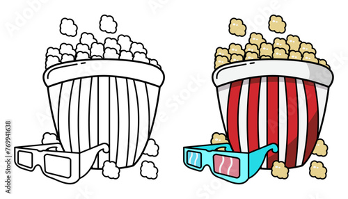 Vector Illustration of popcorn and cinema glasses with lines and colors, for children's coloring book