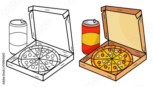 Vector Illustration of pizza with box and soda drink with lines and colors, for children's coloring book