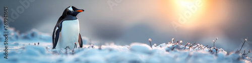 one cute young penguin in winter on snow in Arctic at sunset.