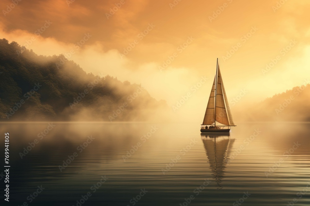 A sailboat on a misty lake at dawn.