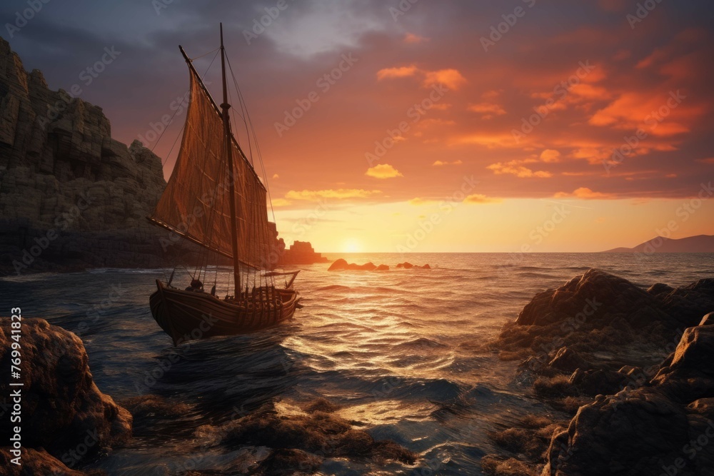 Wooden boat in calm sea with sunset and rocky coastline view