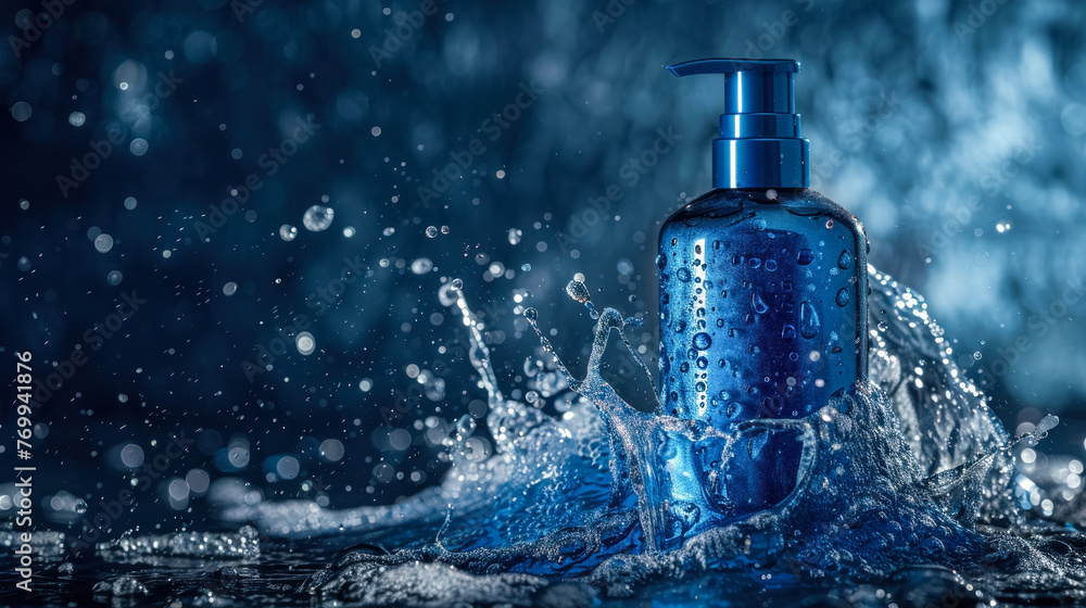 Blue dispenser bottle with a splash of water around it, highlighted by bokeh effect and droplets, portraying a fresh and clean hygiene product Blue dispenser bottle with a splash of water around it, highlighted by bokeh effect and droplets, portraying a fresh and clean hygiene product