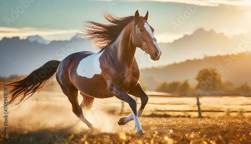 Powerful horse galloping across open field at dawn, capturing its strength and freedom, ideal for equestrian and nature lovers © Marko