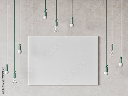 Mock-up up poster on gray wall with green light bulbs, 3d illustration.