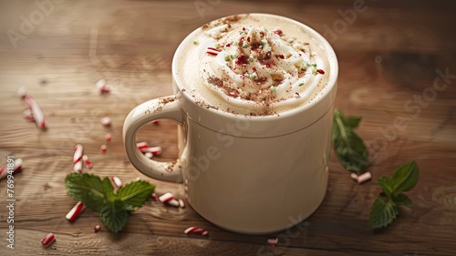 a large coffee mug using professional food photography techniques, accentuated by studio lights casting a right top angle light, with plenty of whitespace for text integration.