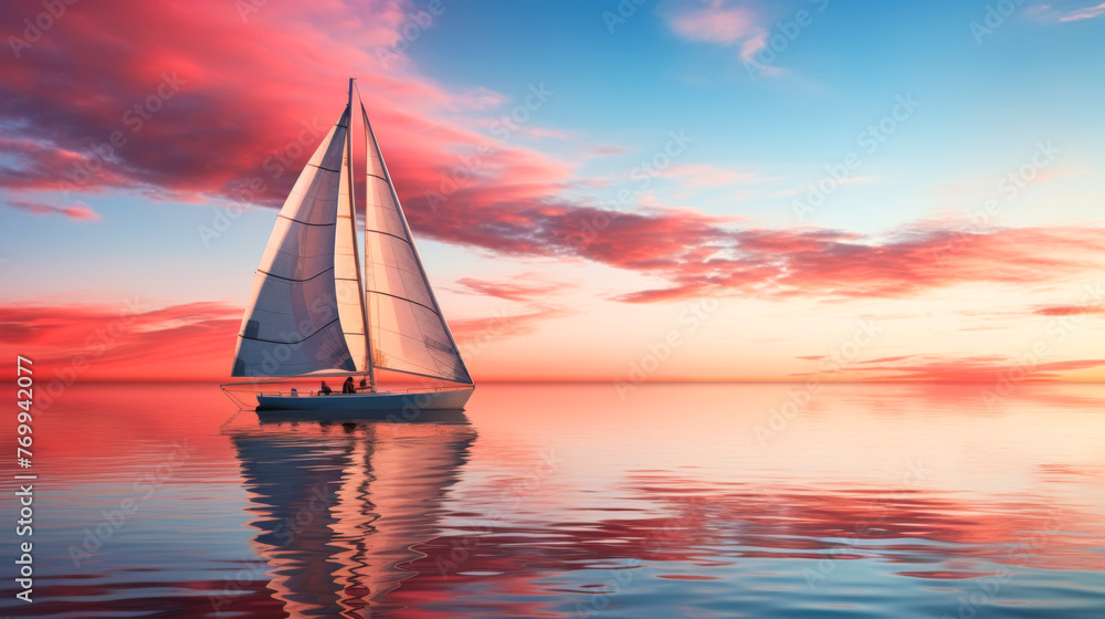 Sailing Yacht on Calm Sea at Sunset. Serenity and Sailing Concept. Design for Nautical Postcard