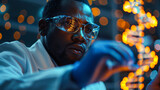 African American scientist intently examines a glowing DNA model