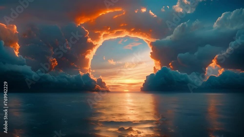 Time-lapse of Majestic Cloud Arch Portal Over Serene Water. A breathtaking scene with a majestic arch of clouds over tranquil water, suggesting a gateway to heaven or the afterlife. photo