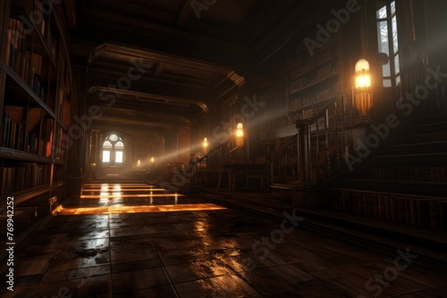 Spooky old library with ghostly shadows and flickering lights