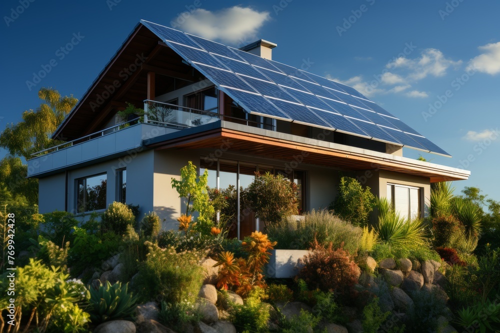 Modern Eco-Friendly House with Solar Panels on Roof Providing Renewable Energy Source