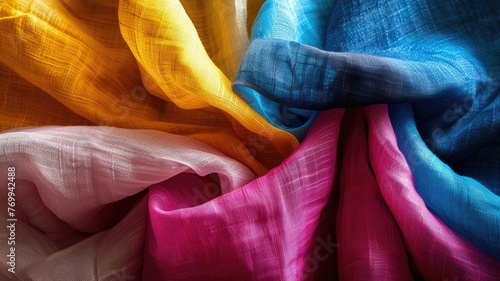 colorful fabrics, known for their softness and easy maintenance, juxtaposed with the luxurious comfort of cotton and silk textiles, in a realistic photograph evoking tactile sensations.