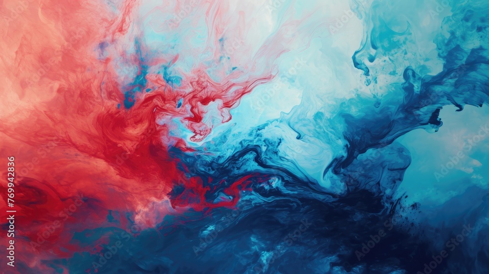 The abstract picture of the two colours between blue and red colour that has been mixing with each other in the form of the ink or liquid to become beautifully view of this abstract picture. AIGX01. - obrazy, fototapety, plakaty 