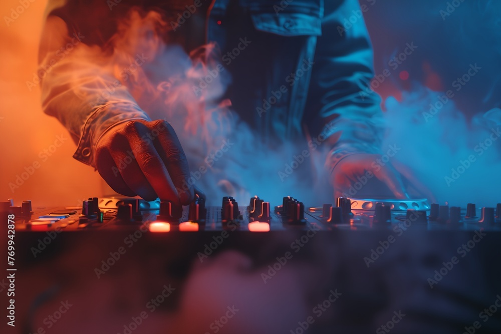 A man is playing a DJ set in a smoke filled room A man is playing a DJ set in a smoke filled room