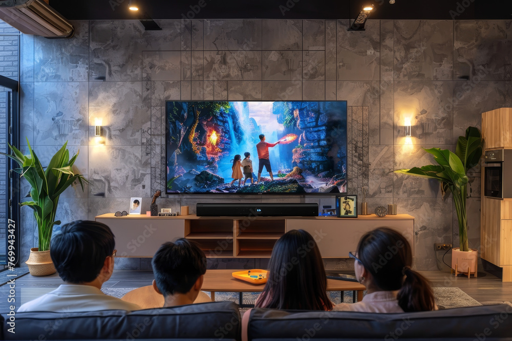 A family is watching a movie on a large television in a living room