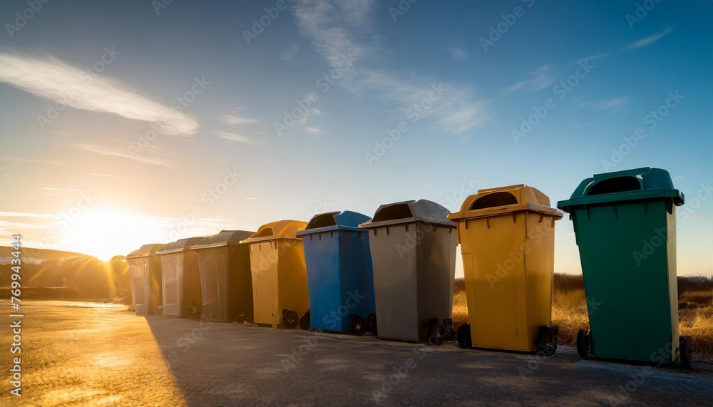 colorful bins for different types of garbage blue background - obrazy, fototapety, plakaty 